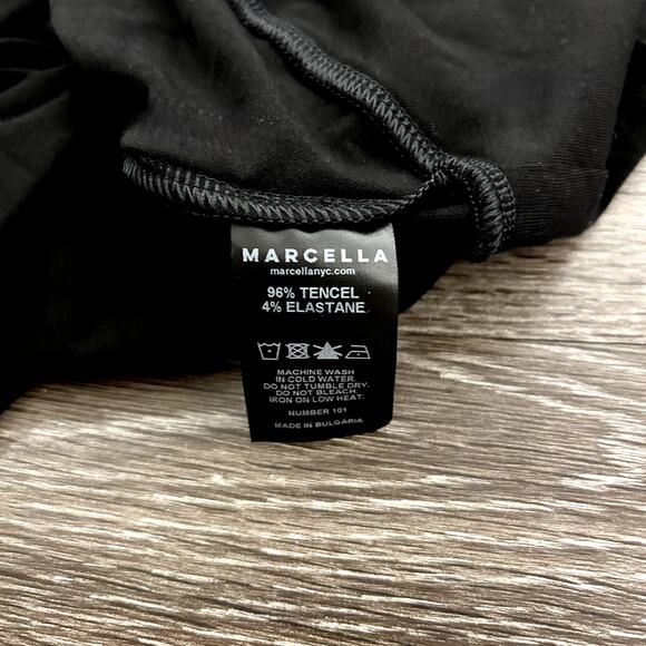 NWOT Marcella NYC Black Long Sleeve Ruched Tulip Hem Midi Dress M Tencel Bodycon - Picture 5 of 15